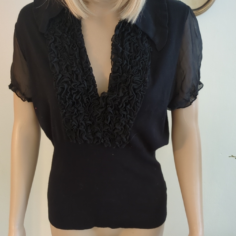 Dolce Cabo Black Ruffled Notched Collar Blouse